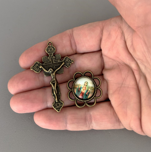 Rosary CENTER & CRUCIFIX & PATER Immaculate Heart Mary 8pc BRONZE