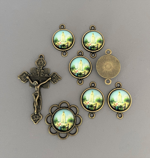  Rosary CENTER & CRUCIFIX & PATER Lady of FATIMA 8pc BRONZE