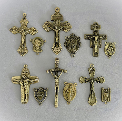 12pc Set - 6 Crucifixes & 6 Centers Bronze