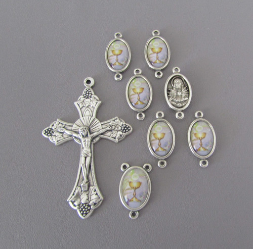 Rosary CENTER & CRUCIFIX & PATER First 1st Communion Chalice 8pc