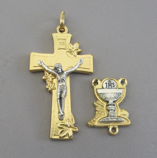 2 tone Communion Chalice Rosary Center & Crucifix -2 pc