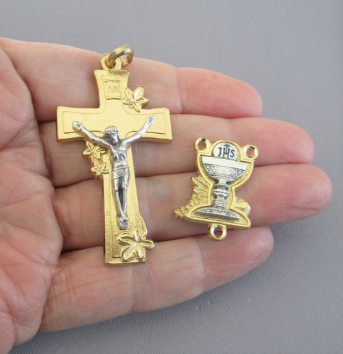 2 tone Communion Chalice Rosary Center & Crucifix -2 pc