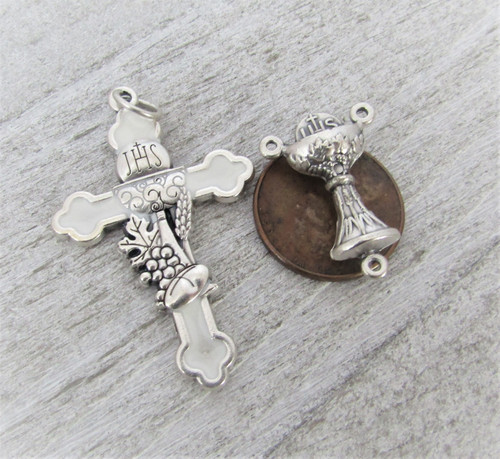 Rosary CENTER & CRUCIFIX First 1st Communion WHITE 1.5"