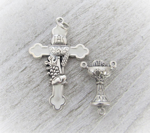 Rosary CENTER & CRUCIFIX First 1st Communion WHITE 1.5"