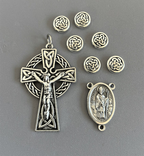Rosary CENTER & CRUCIFIX 8pc Set ~ Celtic Saint Patrick SILVER