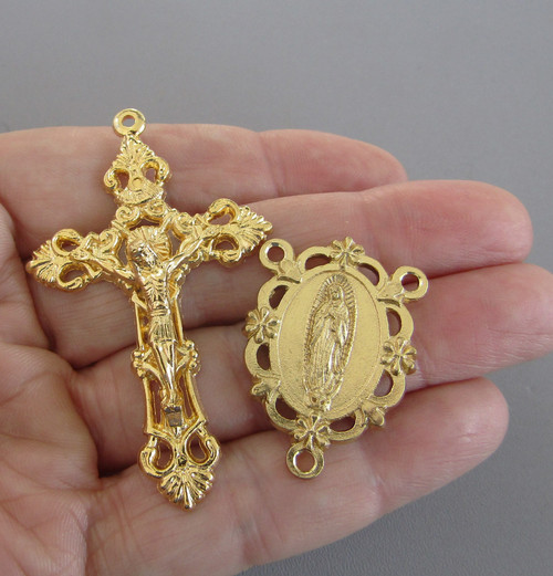 Scallop Lady Guadalupe Rosary Crucifix & Centerpiece 2pc GOLD