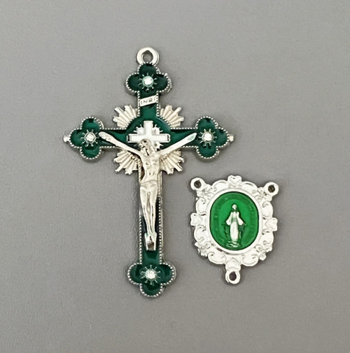 Green Rhinestone Miraculous Medal Crucifix & Centerpiece 2pc