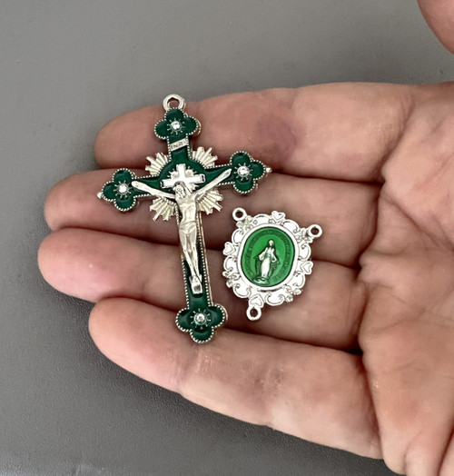 Green Rhinestone Miraculous Medal Crucifix & Centerpiece 2pc