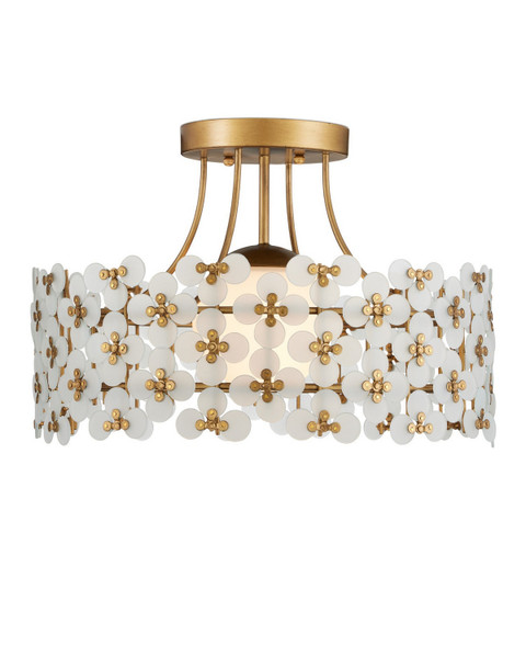 Currey and Company - 9000-1345 - One Light Semi-Flush Mount - Spring Flower - Frosted/Glossy White/Brass