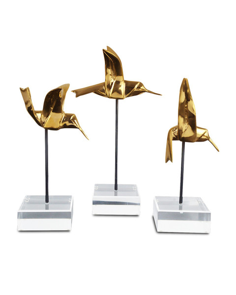 Currey and Company - 1200-0903 - Hummingbirds Set of 3 - Gold Hummingbirds Set of 3 - Gold/Black/Clear