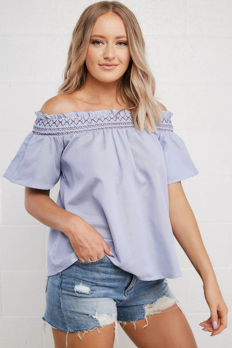Avery Off the Shoulder Top in Blue + Off White