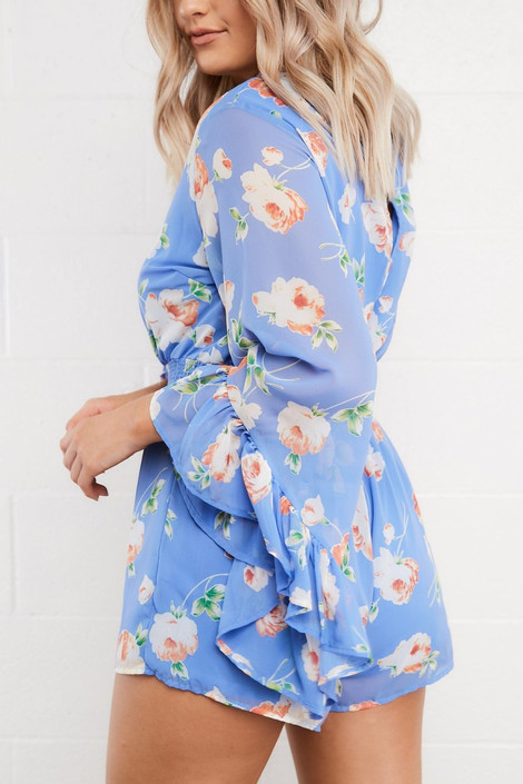 Carrie Floral Romper in Blue + Ivory