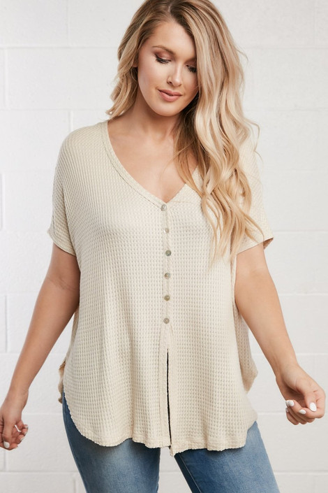 Chandler Button Up Waffle Knit Top in Stone