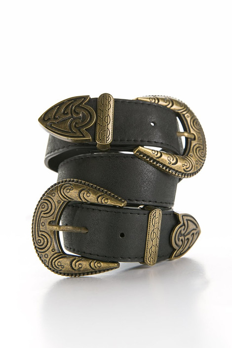 Arden Double Buckle Belt in Black+Gold