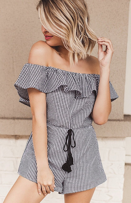 Arden Off The Shoulder Romper in Gingham