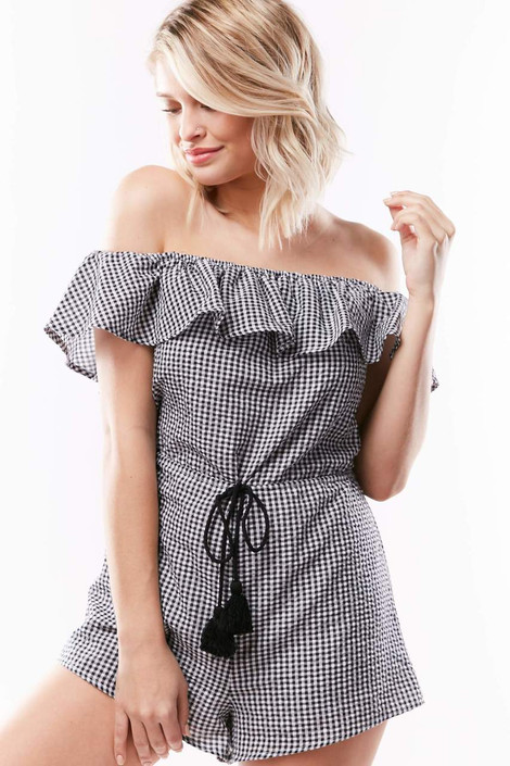Arden Off The Shoulder Romper in Gingham