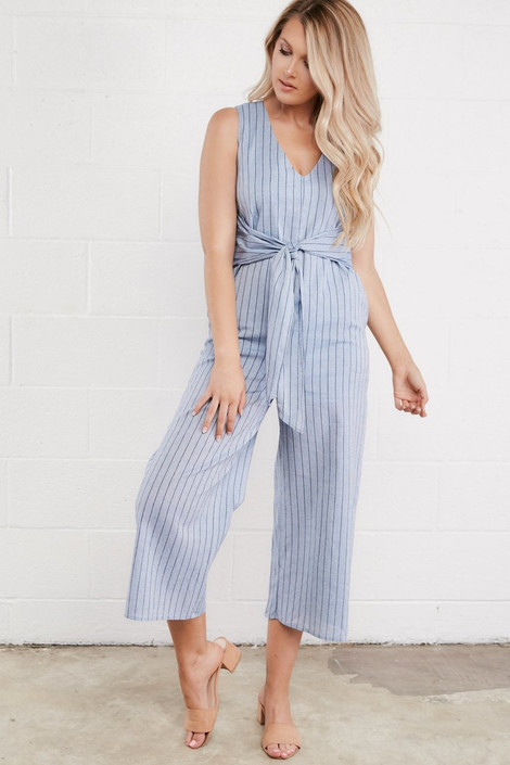 Ashlynn Striped Front-Tie Jumper in Blue