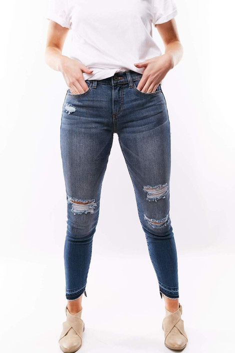 Distressed Mid-Rise Skinny Jeans in Medium Dark Wash