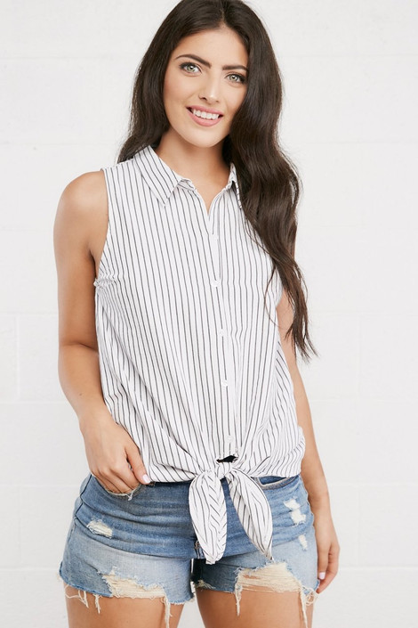 Bethany Striped Button-Up Top in Ivory+Black