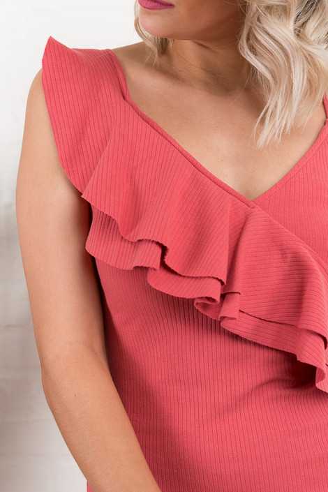 Charlotte One Shoulder Ruffle Dress in Coral
