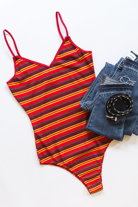 Casey Striped Bodysuit in Red