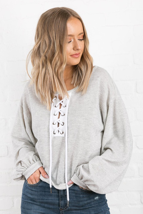 Danielle Lace-Up Balloon Sleeve Top in Grey
