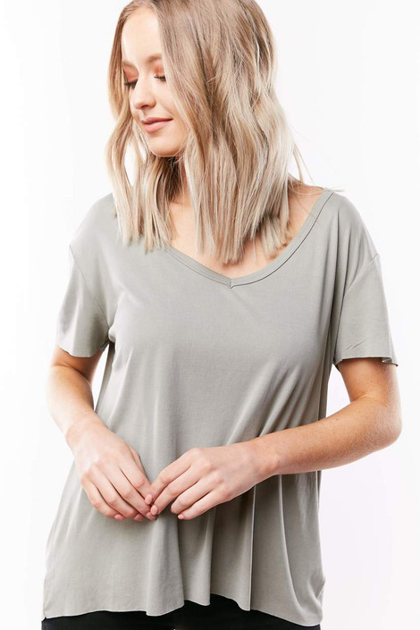Chloe Ribbed Knit Soft Tee in Smoke Green
