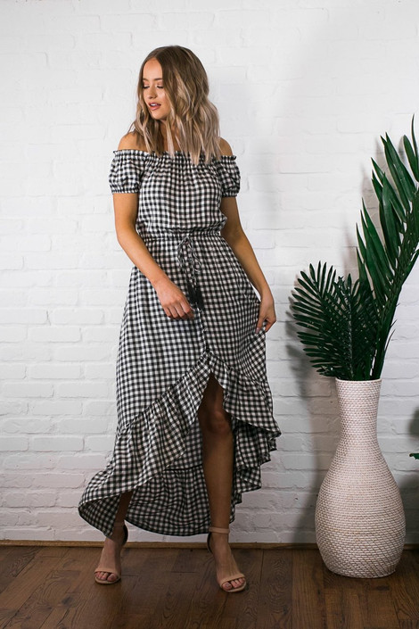 Ashton Button Front High-Low Romper in Ivory + Charcoal