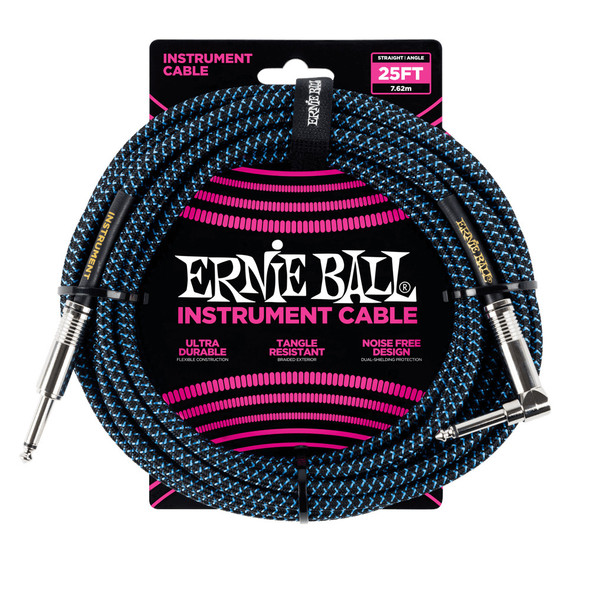 Ernie Ball 25ft Braided Instrument Cable, Straight / Angle Jacks, Black/Blue 