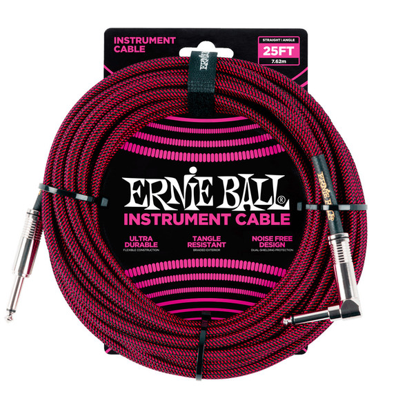 Ernie Ball 25ft Braided Instrument Cable, Straight / Angle Jacks, Red/Black 