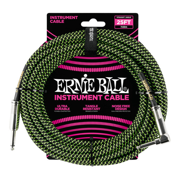 Ernie Ball 25ft Braided Instrument Cable, Straight / Angle Jacks, Black/Green 
