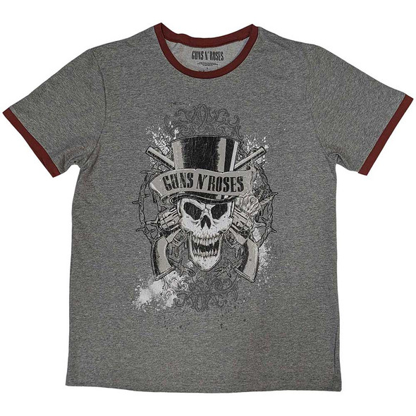 Guns N' Roses Unisex Ringer T-Shirt Faded Skull (Grey) Large 