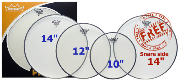 Remo 10/12/14 Clear Ambassador Head Pack with Free 14 Inch Snare Side 