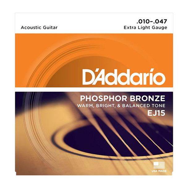 D'Addario EJ15-3D Phosphor Bronze Acoustic Strings, Extra Light 10-47 (3 Pack) 