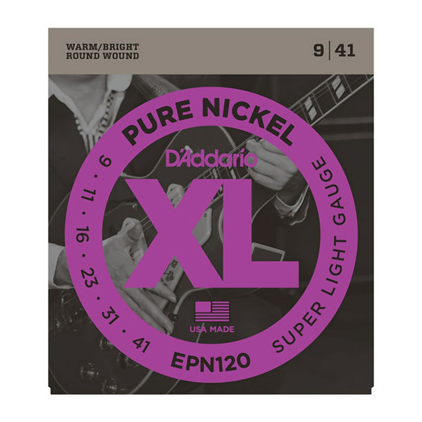 D'Addario EPN120 Pure Nickel Electric Guitar Strings, Super Light 9-41 