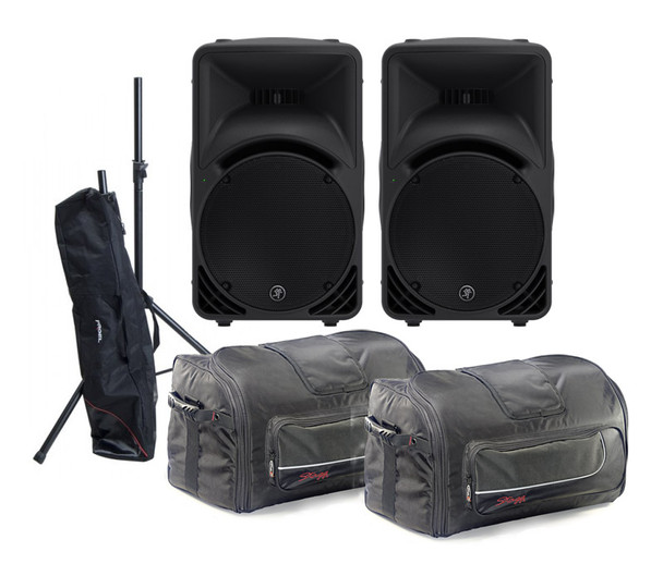 Mackie SRM450v3 Active PA Speaker Pair plus Stands and Bags 