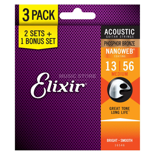 Elixir Phosphor Nanoweb 013-056 Acoustic Guitar Strings, Three Pack 