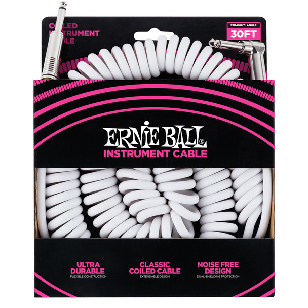 Ernie Ball 30ft Coiled Instrument Cable, Straight Jacks, White 