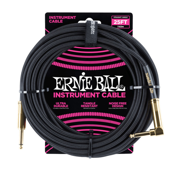 Ernie Ball 25ft Braided Instrument Cable, Straight / Angle Jacks, Black 