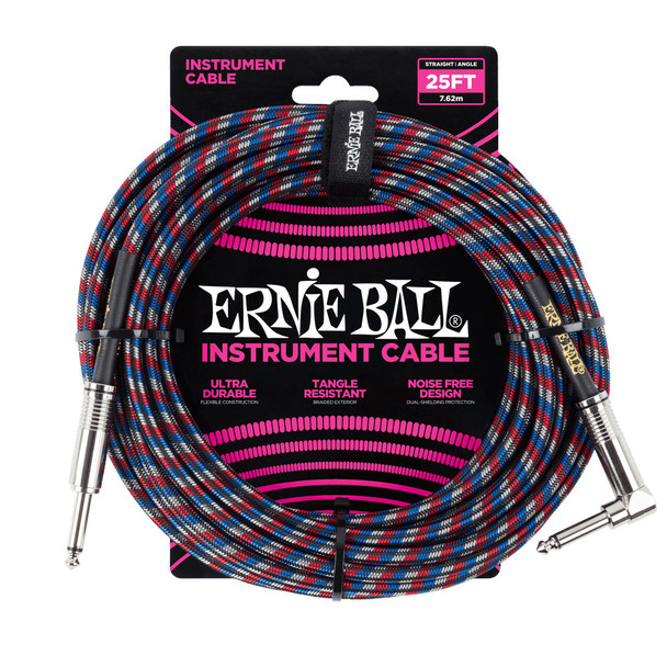 Ernie Ball 25ft Braided Instrument Cable, Straight / Angle Jacks, Black/Red/Blue/White 