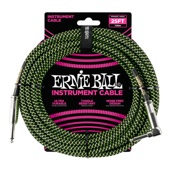 Ernie Ball 25ft Braided Instrument Cable, Straight / Angle Jacks, Black/Green 