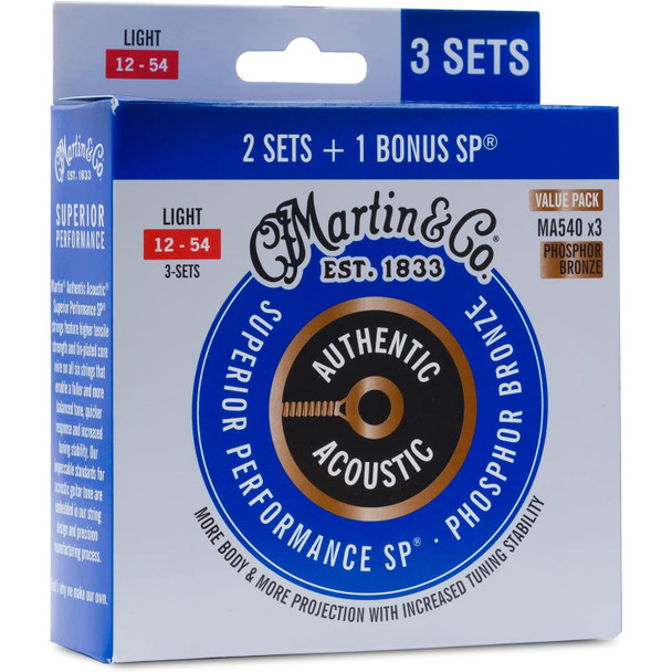 Martin Strings MA540 SP Phos Bronze 12-54 Acoustic Guitar Strings, 3 pack 