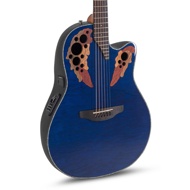 Ovation CE-44P-8TQ-G Celebrity Elite Plus Electro Acoustic Guitar, Transparent Blue Quilted  