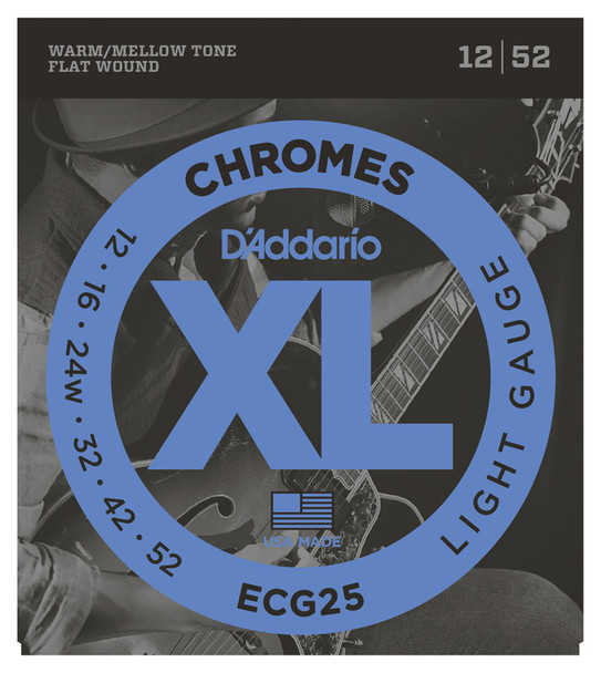 D'Addario ECG25 Chromes Flat Wound Electric Guitar Strings, Light, 12-52 