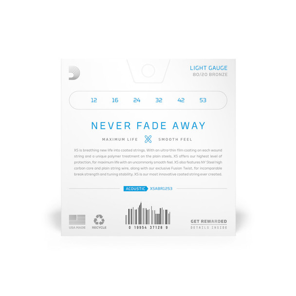 D'Addario XS 12-53 Light, 80/20 Bronze Coated Acoustic Guitar Strings 