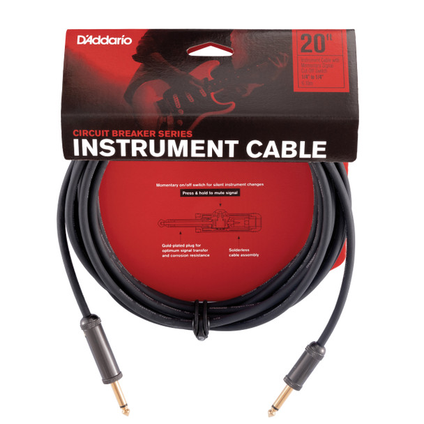 D'Addario PW-AG-20 Circuit Breaker Instrument Cable Straight to Straight with Momentary Switch, 20ft 