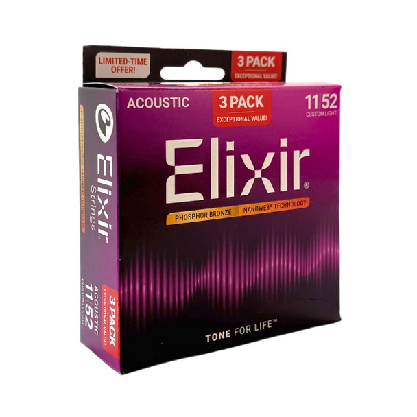 Elixir (3 Pack) Acoustic Nanoweb 92/8 Phosphor Bronze Custom Light ( 11-52 ) 