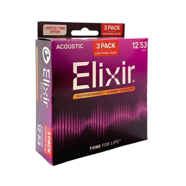 Elixir (3 Pack) Acoustic Nanoweb 92/8 Phosphor Bronze Light ( 12-53 ) 