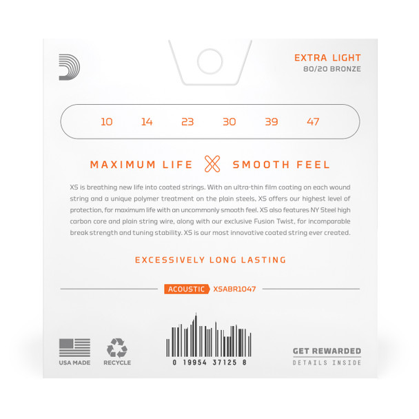 D'Addario XS 10-47 Extra Light, 80/20 Bronze Acoustic Guitar Strings 