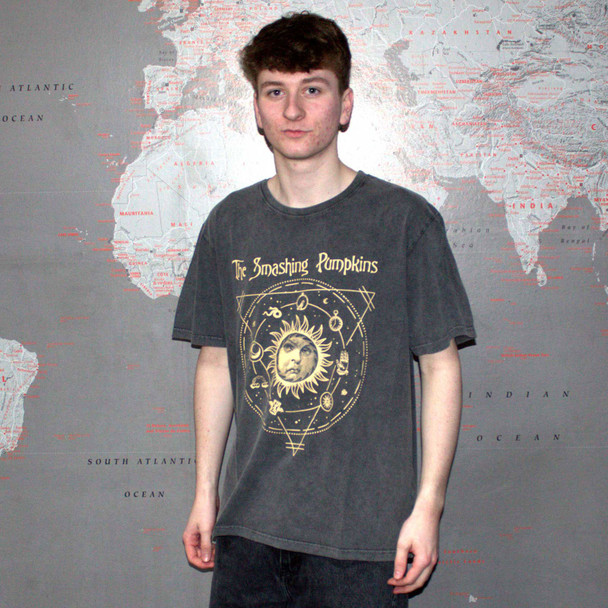 The Smashing Pumpkins Unisex Stone Wash T-Shirt Celestial Sun (Charcoal Grey) Large 